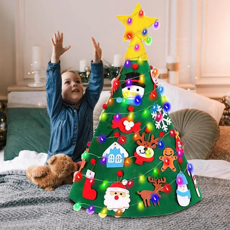 3D Christmas Tree Children Toddler Kids Christmas Felt Tree Door Wall Hanging Preschool Craft with LED String Lights Xmas Decors