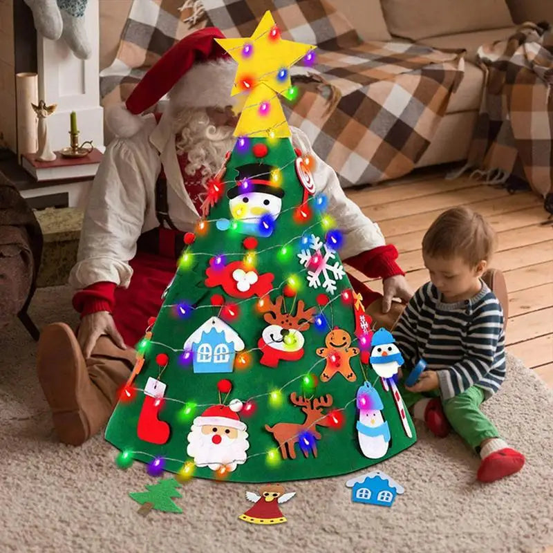 3D Christmas Tree Children Toddler Kids Christmas Felt Tree Door Wall Hanging Preschool Craft with LED String Lights Xmas Decors