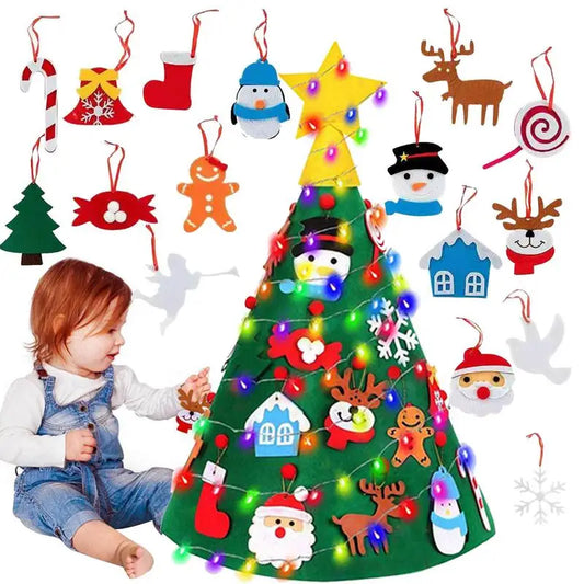 3D Christmas Tree Children Toddler Kids Christmas Felt Tree Door Wall Hanging Preschool Craft with LED String Lights Xmas Decors